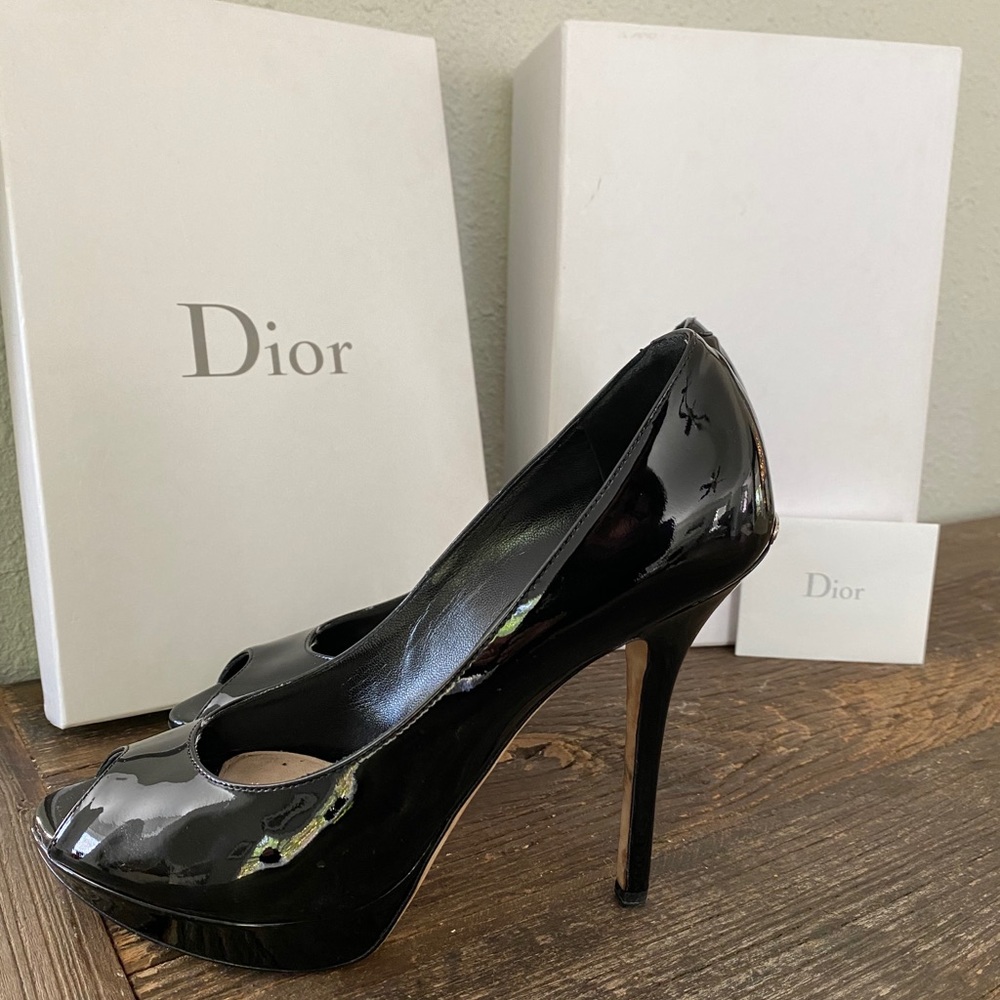 Dior Black Patent Leather Peep Toe Pumps